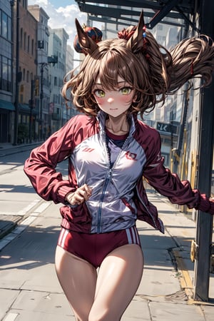 masterpiece, best quality,aston machan \(umamusume\),running, red hat crown,gym uniform, red buruma, white shirt, collarbone, track jacket, open jacket