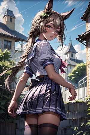 masterpiece, best quality,satono diamond \(umamusume\),tracen school uniform, purple shirt, pleated skirt, puffy short sleeves, white skirt, puffy sleeves, summer uniform, frilled skirt, sailor collar, sailor shirt, miniskirt, frills, white thighhighs, 