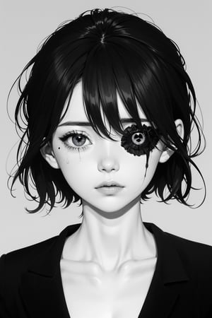 monochrome,glowing,1girl,solo,looking at viewer,black hair,tears,one-eyed,abstract,cyclops