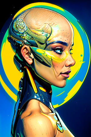 Only the bald head in profile of a woman with a skull and a CYBORG face, an illustration by Hajime Sorayama, trends in cg society, pop surrealism, futuristic, with many intricate biomorphic details, pop art from the 80's, Colored Pencil, Colorful, High Contrast, 2.5D, Lonely