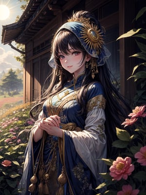 ((Best quality)), ((Masterpiece)), (The sun is too big), The sun burns over meadows full of beautiful vegetation. Detailed sun, detailed sun to the surface, the beginning of spring, multicolored flowers, fresh flowers, detailed girls, detailed costumes,