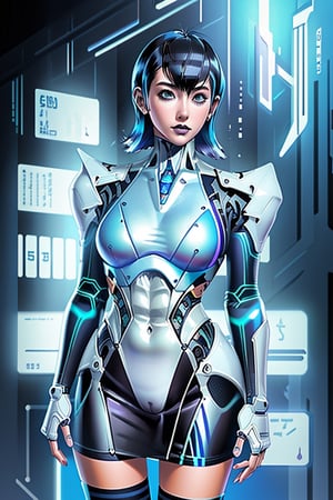 a woman with a CYBORG face, an illustration by Hajime Sorayama, trends in cg society, pop surrealism, futuristic, with many intricate biomorphic details, 80s pop art, colored pencil, colorful, high contrast, 2.5D, Solitaire,Mecha,Android_18_DB,futubot ,dkong,JessaR,cyberpunk,b3rli,mavis dracula