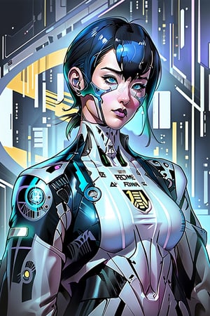 a woman with a CYBORG face, an illustration by Hajime Sorayama, trends in cg society, pop surrealism, futuristic, with many intricate biomorphic details, 80s pop art, colored pencil, colorful, high contrast, 2.5D, Solitaire,Mecha,Android_18_DB,futubot ,dkong,JessaR,cyberpunk,b3rli,mavis dracula