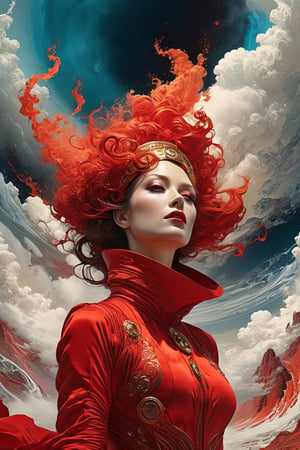 Cinematic, photorealistic red martian woman, white eyes, vibrant colors, fantasy, warm tone, surreal, 8k resolution photorealistic masterpiece by Aaron Horkey and Jeremy Mann, professional photography, maximalist volumetric lighting photoillustration by marton bobzert, concept art with 8k resolution intricately detailed, complex elegant, expansive, fantastical, mythical clouds.
