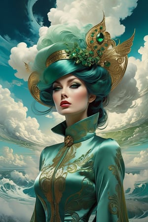 Cinematic, photorealistic 60s fashion woman, green eyes, vibrant colors, fantasy, warm tone, surreal, 8k resolution photorealistic masterpiece by Aaron Horkey and Jeremy Mann, professional photography, maximalist volumetric lighting photoillustration by Marton Bobzert, Intricately detailed, complex 8k resolution concept art. Elegant, expansive, fantastical, mythical clouds.