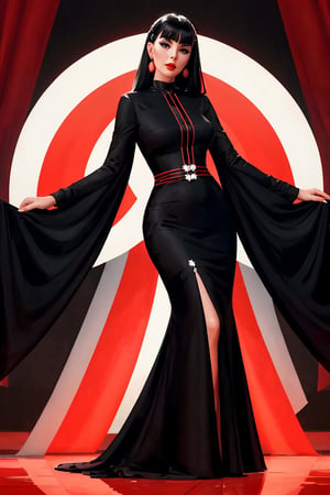 Beautiful 60's woman in a black dress with fine vertical white lines woven throughout the dress; standing full length in front with a red background, trending on deviantart, op art, biomorphic, creative commons attribution