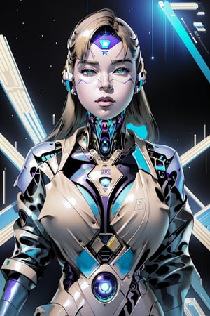 a woman with a CYBORG face, an illustration by Hajime Sorayama, trends in cg society, pop surrealism, futuristic, with many intricate biomorphic details, 80s pop art, colored pencil, colorful, high contrast, 2.5D, Solitaire,Mecha,Android_18_DB,futubot ,dkong