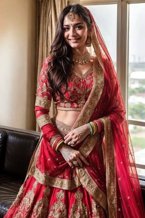 Lovely cute young attractive teenage girl, city girl, 18 years old, cute, an Instagram model, long black_hair, colorful hair one side, shy smile, black red salwar kameez, in hotel rooms with boyfriend ,indian_bride