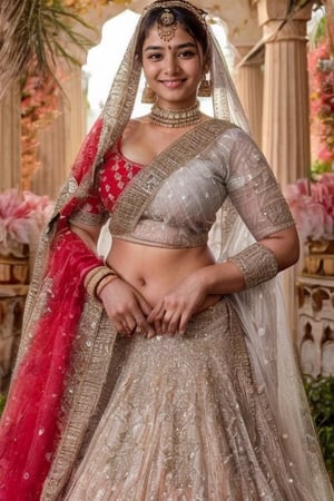 22 years old beautiful Indian women, black eyes, wearing white saree and blouse, big breast 36C size, 36 30 36 chubby figure, smiling, pinky juicy lips, long dark brown hairs, crop top, deep navel, chubby figure, ,indian_bride