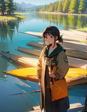 Masterpiece, Top Quality, High Definition, Artistic Composition, Several Girls, Girl Scouts, Camping, Lake, Smiling, Looking Away, Talking, Holding Firewood,girl