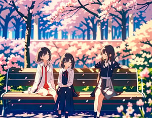  Masterpiece, top quality, high quality, artistic composition, two women, sitting side by side on bench, one laughing, one angry, having conversation, spring coordination, cherry blossom trees, cherry blossoms in full bloom, petals dancing, wide shot, looking away, bold composition,breakdomain,<lora:659111690174031528:1.0>