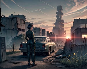 masterpiece, top quality, artistic composition, realistic, 1 girl, fallout, VOLT suit, 1950s US residential area, ruins, post-nuclear war world, wide shot, bold composition, apocalypse, 1960s science fiction, dirty, filthy, decaying car, back view, vast ruins,<lora:659111690174031528:1.0>