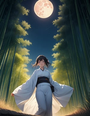 (Masterpiece, Top Quality), High Definition, Artistic Composition, 1 girl, Animation, white kimono, standing, from below, quiet, big moon, night, bamboo forest, striking light, dramatic, low saturation, from front