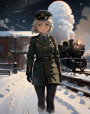 (masterpiece, top quality), high definition, artistic composition, 1 girl, WWII, train station, steam locomotive, Russian female soldier, snow, dark sky, documentary,