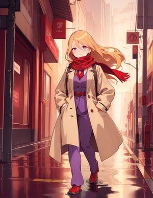 (masterpiece, top quality), high definition, artistic composition, 1 woman, beige three-quarter coat, purple vest, red floral scarf, long blonde hair, flowing eyes, red rouge, walking with hands in pockets, from front, night city, drop earrings, wet road