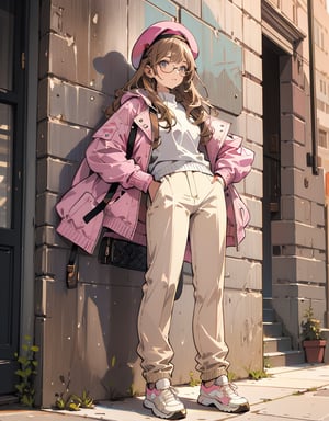 Masterpiece, Top Quality, High Definition, Artistic Composition, One girl, leaning against a wall, waiting for someone, looking away, looking down, smirking, round frame glasses, pink beret, olive jacket, white knit, brown pants, khaki sneakers, casual, portrait, monotone cityscape, French style, low saturation