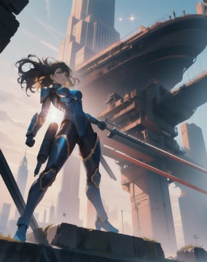 (masterpiece, top quality), high definition, artistic composition, 1 woman, leotard-like fighting outfit, android-like parts, sci-fi, fighting pose, standing on side of huge structure, An aerial view