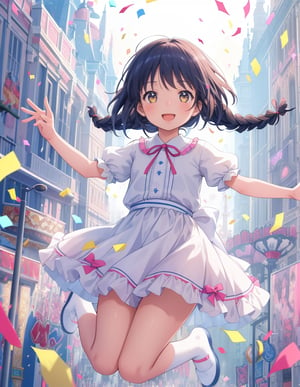 (masterpiece, top quality), high definition, artistic composition, 1 girl, jumping for joy, 5 years old, children's clothing, braids, big ribbon, looking away, looking up to heaven, action pose, ticker tape, brightly colored confetti, theme park, bold composition, parade, lively, dramatic, smile with mouth open