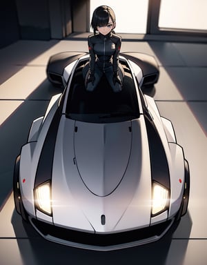 Masterpiece, Top Quality, High Definition, Artistic Composition, One Woman, Futuristic Dress, Stylish, Futuristic Sports Car, Concept Car, Sitting On Hood, Front Composition, Backlight, Impressive Light, Science Fiction, Electric Car, Dark Background, Motorsports
