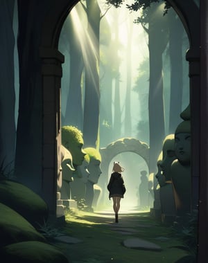 (masterpiece, top quality), high definition, artistic composition, 1 girl, walking, through a small stone gate, lots of strange human-shaped stone statues, mossy, surreal, sunlight through trees, dark forest, surprised, 