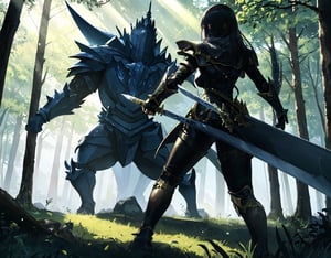 Masterpiece, top quality, high definition, artistic composition, 1 girl, fantasy, back view, female swordsman, holding sword, action pose, fighting giant humanoid monster, in forest, light shining through, wide shot,best quality