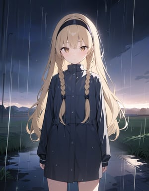 (masterpiece, top quality), high definition, artistic composition, 1 girl, dusk, raining, standing, wet in the rain, blonde hair, braids, large hair band, from the front, rural scene, incandescent electric light, striking light, cold,