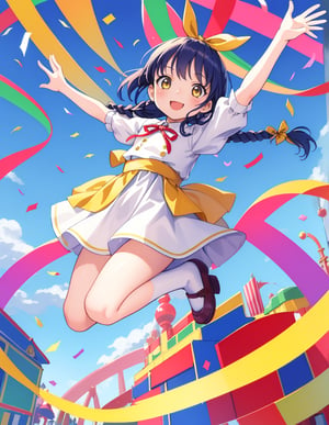 (masterpiece, top quality), high definition, artistic composition, 1 girl, jumping for joy, 5 years old, children's clothing, braids, big ribbon, looking away, looking up to heaven, action pose, ticker tape, brightly colored confetti, theme park, bold composition, parade, lively, dramatic, smile with mouth open