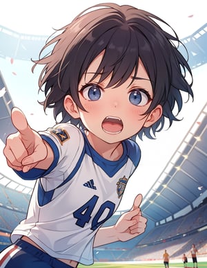 (masterpiece, top quality), high definition, artistic composition, 1 girl, athlete fashion, reaching forward, short hair, from side, screaming, close-up of face, from below, looking away, stadium, dynamic, dramatic,, Pointing