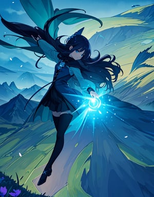  Masterpiece, Top Quality, High Definition, Artistic Composition, 1 woman, young wizard, from side, reaching out to use magic, holding long magic wand, petals dancing, fantasy, meadow, blue sky, light dancing around wand, stylish, wide shot, from above, monster in,<lora:659111690174031528:1.0>