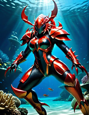 Masterpiece, top quality, high definition, artistic composition, 1 female, underwater, bodysuit, crayfish type armor, bold composition, Dutch angle, battle pose, action scene, dramatic, huge claws