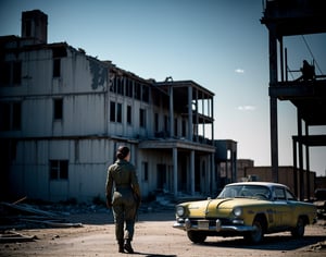 Masterpiece, top quality, artistic composition, realistic, 1 girl, fallout, VOLT suit, 1950s American residential neighborhood, ruins, post-nuclear war world, wide shot, bold composition, apocalypse, 1960s science fiction, dirty, filthy, decaying car, back view, vast ruins, retro feel, with Shepard dog,<lora:659111690174031528:1.0>