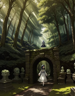 (masterpiece, top quality), high definition, artistic composition, 1 girl, walking, through a small stone gate, lots of strange human-shaped stone statues, mossy, surreal, sunlight through trees, dark forest, surprised, 