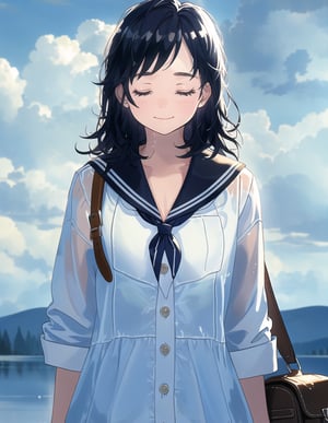 Masterpiece, Top Quality, High Definition, Artistic Composition,1 girl, sailor outfit, summer dress, schoolbag, wet from rain, hand on chest, blush, from front, cowboy shot, (shedding tears), laughing with eyes closed, short hair, dramatic, cloudy sky, illuminated by light