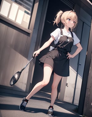 (masterpiece, top quality), high definition, artistic composition, 1 girl, black sportswear, stylish apron, running, frying pan in hand, off balance, panicked, looking away, attention seeking, boulevard, stooping, Dutch angle, troubled