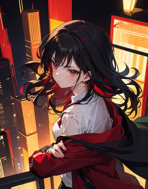 Masterpiece, top quality, high definition, artistic composition, 1 girl, angry, arms crossed, from above, from front, close-up of face, red rouge, golden earrings, dark green jacket, white shirt, night city, city lights, bold composition, powerful