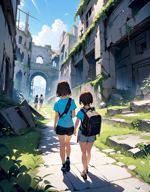 (masterpiece, top quality), high definition, artistic composition, 2 girls, walking, strolling, t-shirt, shorts, trekking shoes, backpack, smiling, looking away, talking, smiling, ruins, building area, crumbling and decaying structure, lots of plants, ivy covered, Blue sky, bold composition, looking back, summer