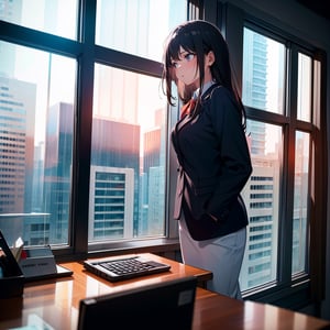 Masterpiece, top quality, high definition, artistic composition, 1 woman, May Day, Labor Day, office, raining outside window, looking away, staring out window, bold composition, tired, dramatic, office worker, high contrast, backlit,photograph