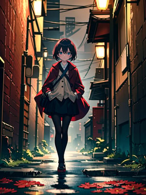 Masterpiece, Top Quality, 1 girl, short hair, red coat, red cape, black shirt, white skirt, beige bag, black pantyhose, hands in pockets, blue eyes, walking, dirty Japanese back alley, night, dark street light, wet ground, scary atmosphere, high definition, composition from below, drizzle, red flowers in bloom, wide angle, focus on feet, unstable, messy picture, backlight, shadow behind,<lora:659111690174031528:1.0>