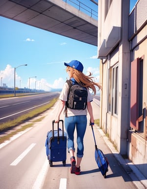 (masterpiece, top quality), high definition, artistic composition, 1 woman, Florida, straight freeway, walking, shimmering, hot, blue sky, perspective, backpacker, khaki cap, wasteland, from behind