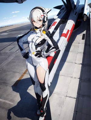 masterpiece, top quality, 1 girl, white pilot suit, headset, standing with legs spread, hands on hips, smirking, otherworldly air force base, runway, futuristic fighter jet behind, silver fighter jet, high definition, composition from front, colorful sky, science fiction, fantastic, one point perspective