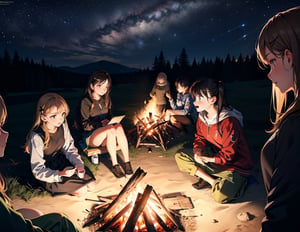 Masterpiece, top quality, high definition, artistic composition, realistic, several girls around one bonfire, (small bonfire), camping, fun, starry sky, nature