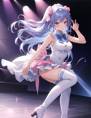  (masterpiece, top quality), high definition, artistic composition, 1 girl, pink 1980s idol fashion, anime, big bow tie with brooch, white two-socks, gravure pose, stage, backlight, light reflecting off floor, smirk, knee-high boots, sleeveless, blue hair