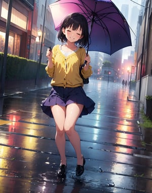 Masterpiece, Top Quality, High Definition, Artistic Composition,1 girl, bright yellow umbrella, indigo clothing, eggplant shoes, eyes closed and smiling, one leg raised and frolicking, feminine gesture, lively, lots of rain, city smoking with rain, puddles at feet, water splashing at feet, ivory colored landscape , wide shots, bold angles, except for the umbrellas.