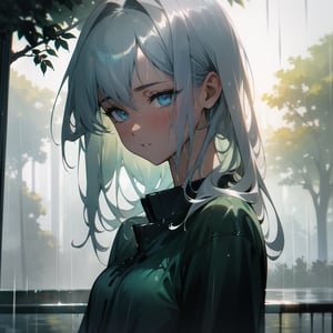 Masterpiece, Top Quality, High Definition, Artistic Composition,1 woman, sad face, bust shot, wet, raining, silver hair, blue eyes, wet t-shirt, backlit, light shining, beautiful trees green, high contrast