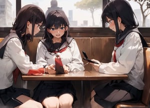 Masterpiece, top quality, high definition, artistic composition, 2 girls, sitting in a family restaurant, talking, looking away, one angry, one laughing, portrait, students, Japan, one looking at phone, school uniform