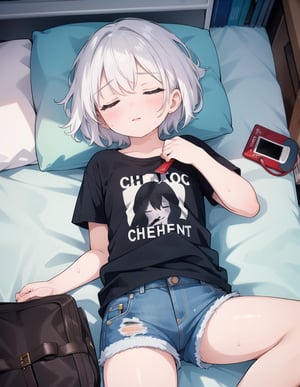 (masterpiece, top quality), high definition, artistic composition, 1 girl, t-shirt, denim shorts, short hair, sleeping with eyes closed, hot, distressed, fan, cluttered small room, from above, sloppy, portrait, summer, wide shot, sweating