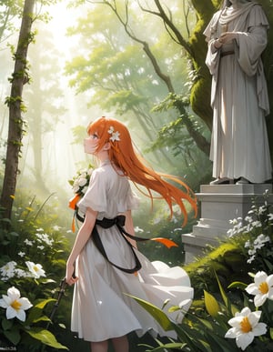 Masterpiece, Top Quality, High Definition, Artistic Composition, One girl, holding a bouquet of white flowers, from the side, dirty and coarse clothes, orange ribbon, looking away, statue of a brave man on moss, in the forest, light shining, striking light, dramatic, fantasy
