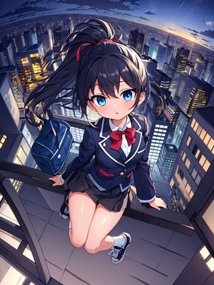 Masterpiece, top quality, 1 girl, jumping, beautiful background, cityscape, building rooftop, blazer, uniform, school uniform, legs bent, ponytail, sports bag, fish-eye lens, high definition, artistic composition, night scene, perspective