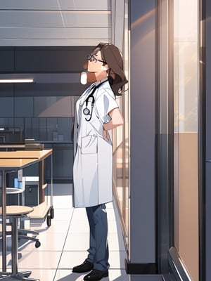 Masterpiece, top quality,khange, 1 woman, thinking, doctor, lab coat, glasses, jeans, hospital hall, (leaning against wall), looking up, dramatic atmosphere, hospital cafe terrace, high definition, wide shot, drama scene, graceful, from side, mature