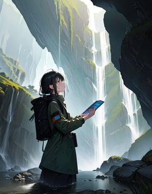 Masterpiece, Top Quality, High Definition, Artistic Composition, One Girl, Explorer, Khaki Climbing Clothing, Backpack, Looking Up, Map in Hand, Gorge Eroded by Huge Rocks, Huge Soaring Rock Wall, Dark Without Sunlight, (High, Narrow Waterfall), Mossy, Green, Impressive Light, Bold Composition, Below from, beautiful nature, narrow passage, small shrine, high contrast,girl,breakdomain,photograph